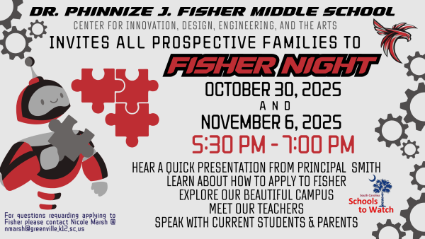 Invitation for prospective students to visit Fisher Middle School at Fisher Nights 10/30 and 11/06